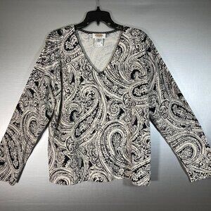 Talbots Woman Black and White Paisley V-Neck Top
